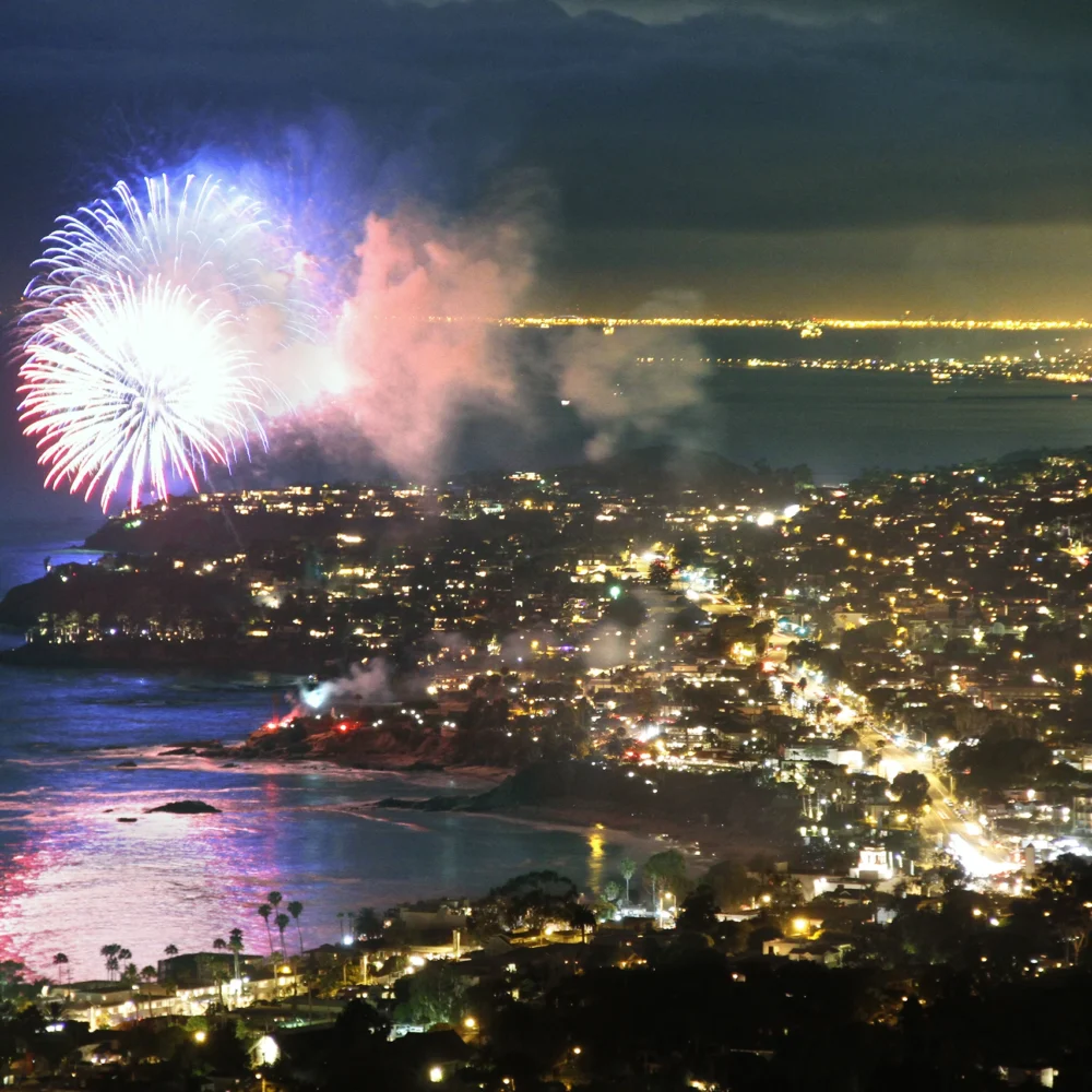 fireworks over California coastline