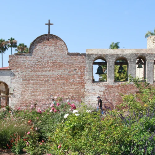 historic california mission with bells