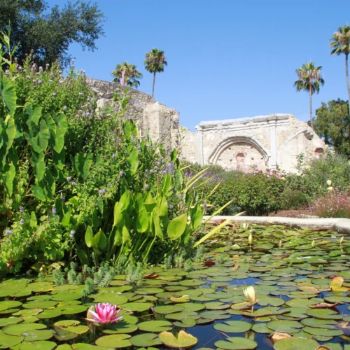 historic california mission with central fountain