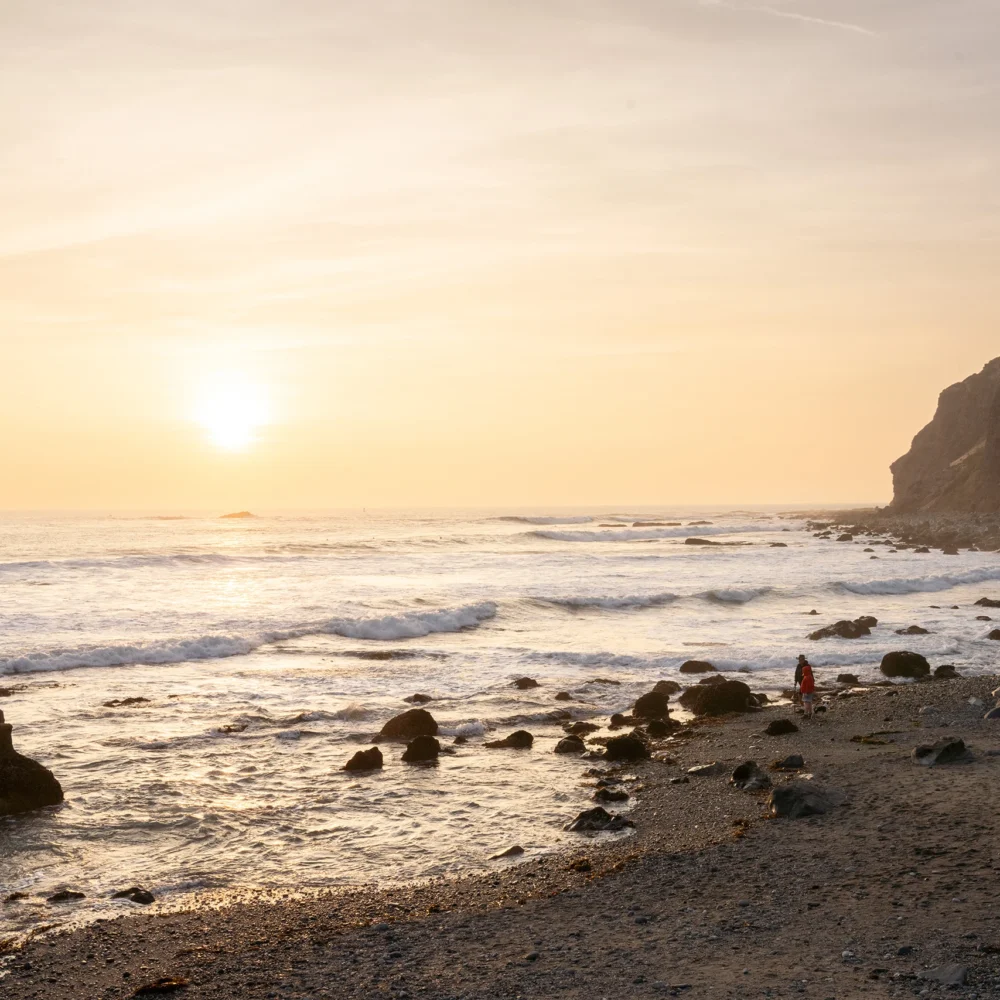 coastal California beach scene at sunset