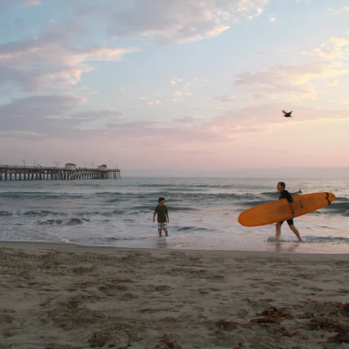 surfboarder walking on beach at sunset southern california