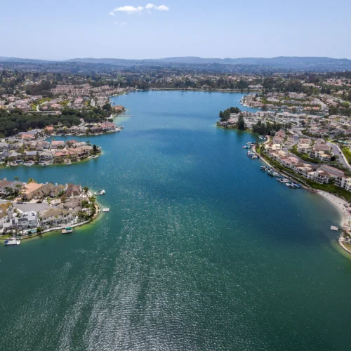 aerial of planned residential development on lake in orange county california