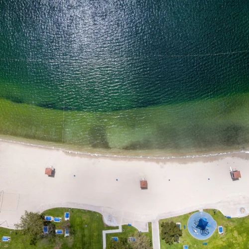 aerial of lake beach facilities