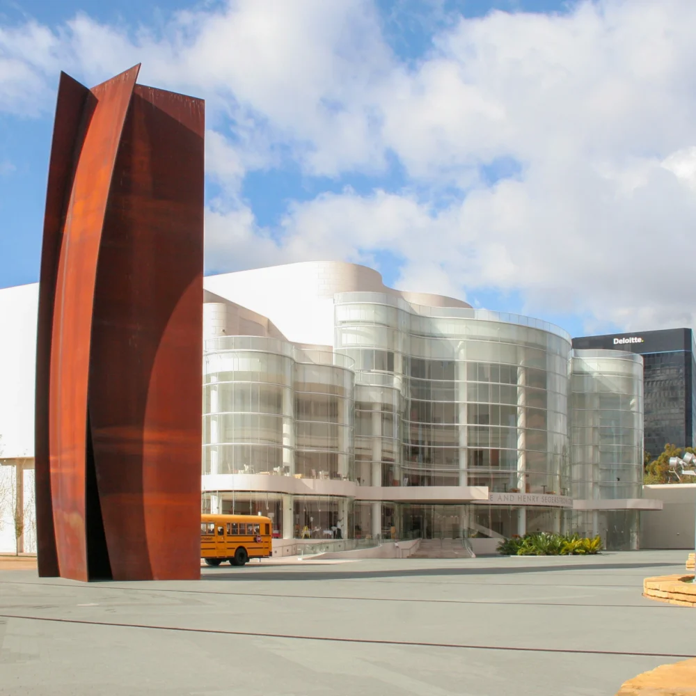 contemporary architecture concert hall exterior and public art sculpture