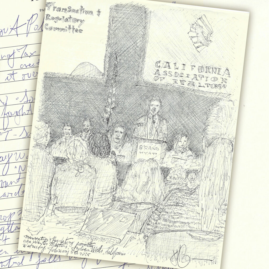 ballpoint pen ink drawing of meeting with speakers on podium