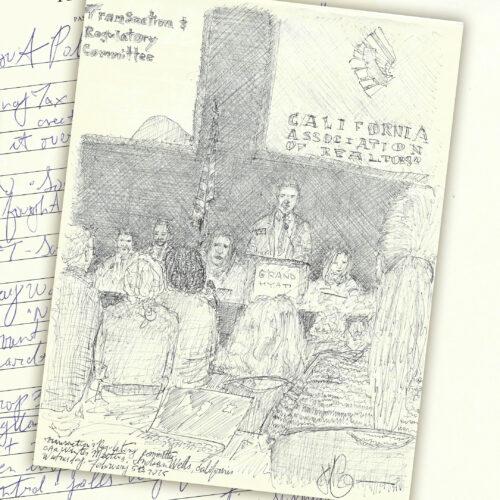 ballpoint pen ink drawing of meeting with speakers on podium