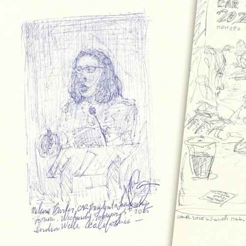 ballpoint pen ink drawing of female meeting presenter