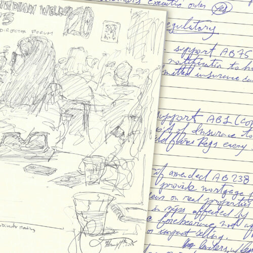 ballpoint pen ink drawing of meeting attendees