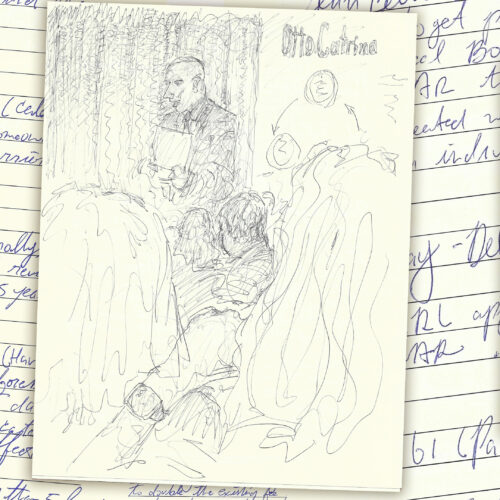 ballpoint pen ink drawing of male meeting presenter