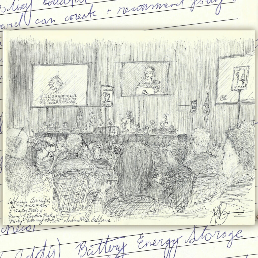 ballpoint pen ink drawing of large meeting with speakers
