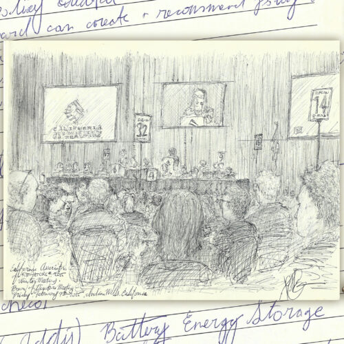 ballpoint pen ink drawing of large meeting with speakers