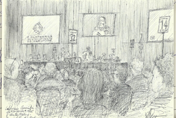 ballpoint pen ink drawing of large meeting with speakers