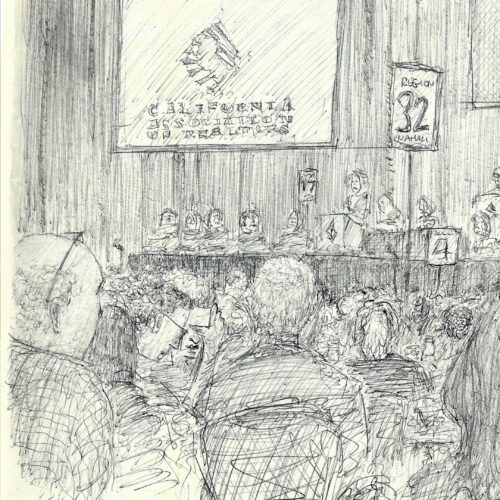 ballpoint pen ink drawing of large meeting with speakers