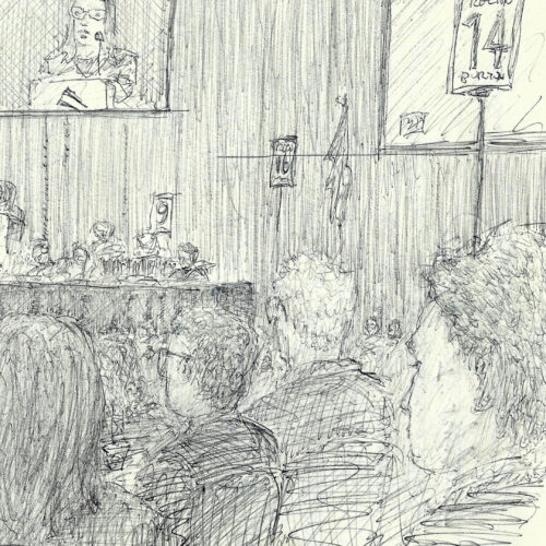 ballpoint pen ink drawing of large meeting with speakers