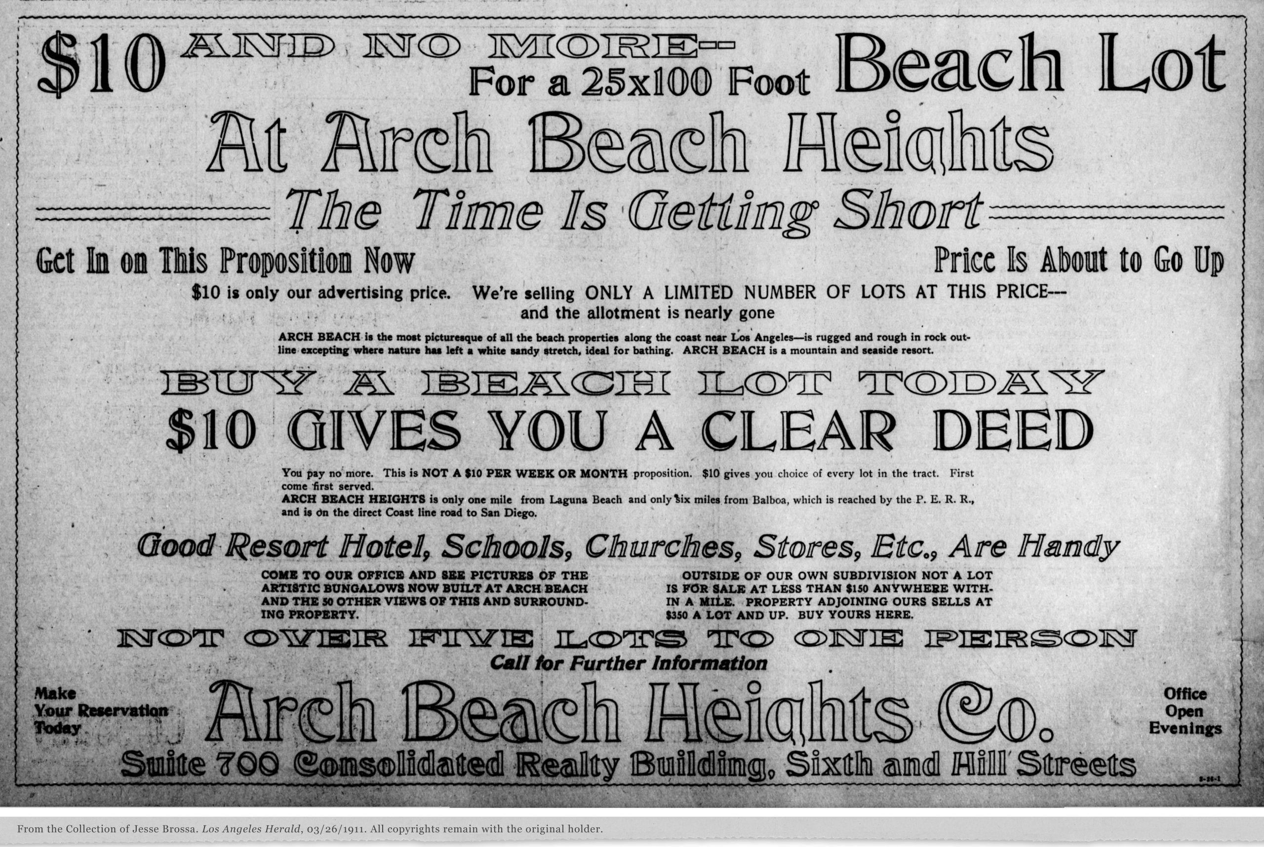 1911 ad for $10 Lots in Arch Beach Heights in Laguna Beach