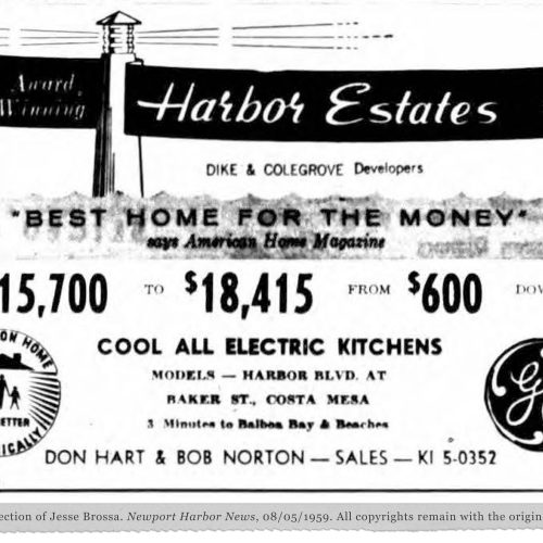 1950s real estate newspaper ad for new home community in orange county california