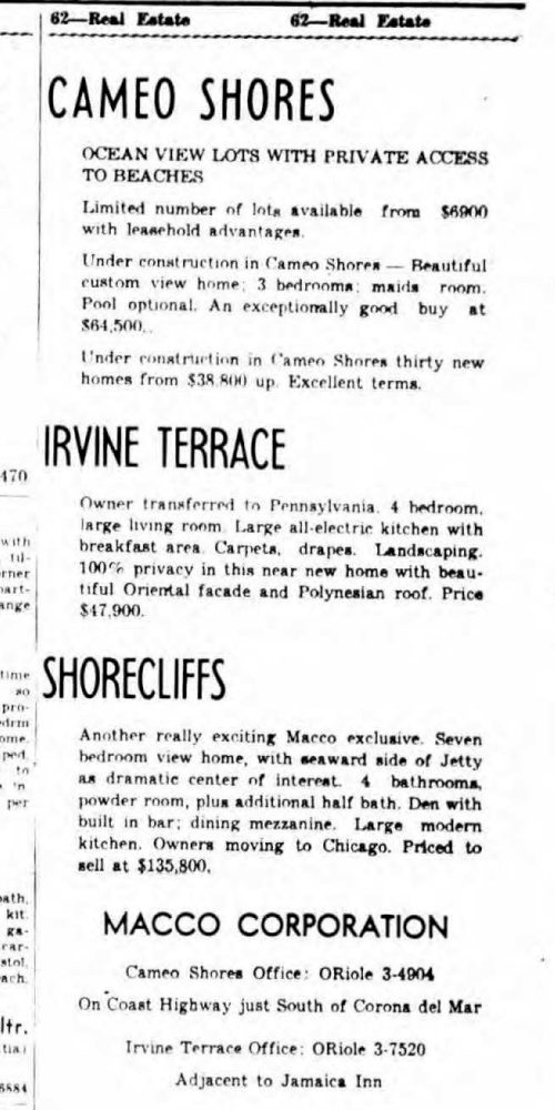1950s real estate newspaper ad for new home community in orange county california